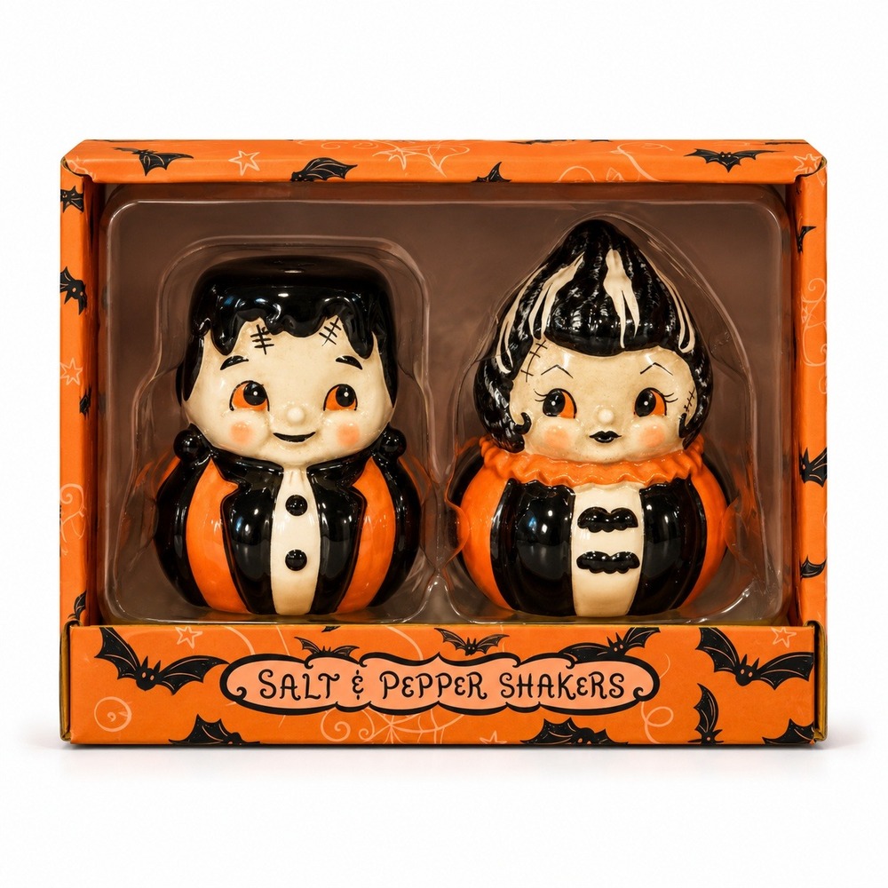 Johanna Parker Frankenstein & Bride Salt Pepper Shakers Ceramic Retro Kitsch